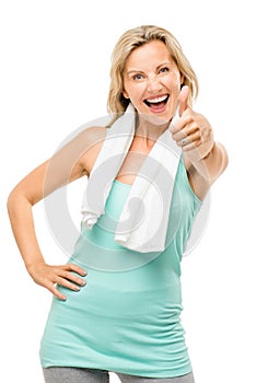 Healthy mature woman exercise thumbs up isolated on white background