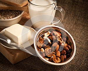 Healthy meal .bread,milk and cereals