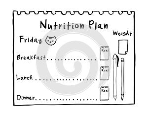 Healthy meal concept for weight loss, calories count in kcal. Cartoon illustration of nutrition plan. Hand drawn diet plan in photo