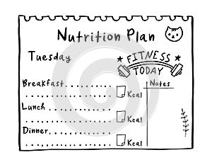 Healthy meal concept for weight loss, calories count in kcal. Cartoon illustration of nutrition plan. Hand drawn diet plan in