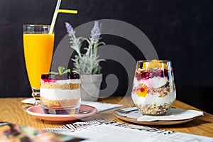 Healthy meal made of granola, yogurt and fruits. Delicious food for breakfast.