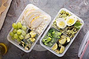 Healthy meal prep containers with chicken and rice