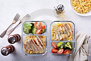 Healthy meal prep containers with chicken and rice