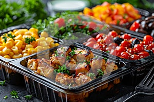 Healthy meal prep containers with grilled chicken and fresh vegetables photo