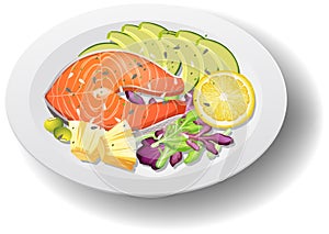 Healthy meal with salmon steak on white plate