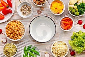 Healthy meal. A set of products for preparing a healthy vegan and nutritious salad, Buddha bowl,  top view.