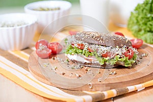 A healthy meal of whole wheat dark brown rye bread, curd cream cheese, radish, alfalfa sprouts, ham, cherry tomatoes salad