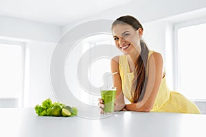 Healthy Meal. Woman Drinking Detox Smoothie. Lifestyle, Food. Dr