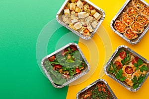 Healthy meals delivery. Eating right concept, copy space, top view.