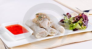 Healthy Meaty Spring Rolls with Veggies and Sauce