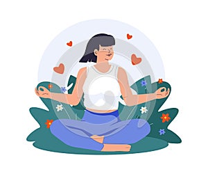 Healthy mentality and self care illustration. Happy woman feel confident, relax, accept and love herself. Selfcare photo