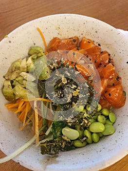 Healthy menu in honu edamame salmon carrot