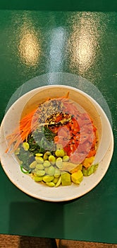 Healthy menu pokebowl carrot edamame seaweed