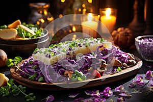 Healthy microgreen dishes with red cabbage and mushrooms for romantic candlelit dinner