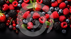 Healthy mix berries fruits clean eating selection on black background. Cherry, blueberry, raspberry colorful fruits Generative AI