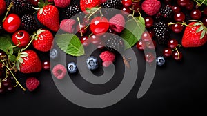 Healthy mix berries fruits clean eating selection on black background. Generative AI