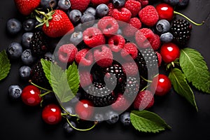 Healthy mix berries fruits clean eating selection on dark grey background. Generative AI