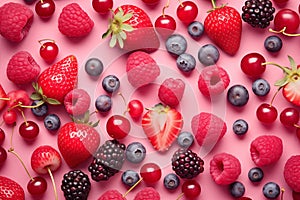 Healthy mix berries fruits clean eating selection on pastel pink background. Generative AI