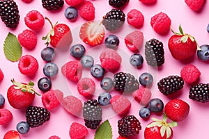 Healthy mix berries fruits clean eating selection on pastel pink background. Generative AI