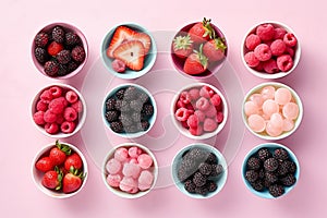 Healthy mix berries fruits clean eating selection in small bowls on pastel pink background. Generative AI