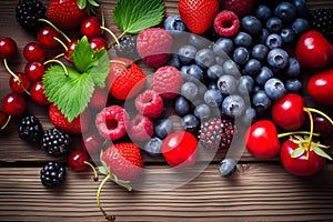 Healthy mix berries fruits clean eating selection on wood background. Generative AI