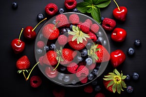 Healthy mix berries fruits clean eating selection in wooden bowl on black background. Generative AI