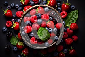 Healthy mix berries fruits clean eating selection in wooden bowl on black background. Generative AI