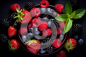 Healthy mix berries fruits clean eating selection in wooden bowl on black background. Generative AI