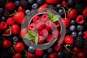 Healthy mix berries fruits clean eating selection in wooden bowl. colorful fruits organic food Generative AI