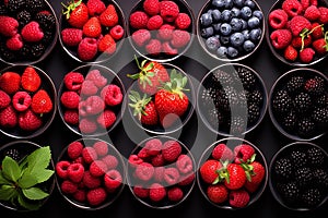 Healthy mix berries fruits clean eating selection in wooden bowl on dark grey background. Generative AI