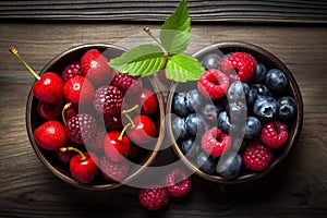 Healthy mix berries fruits clean eating selection in wooden bowl on wood background. Cherry, blueberry, raspberry Generative AI