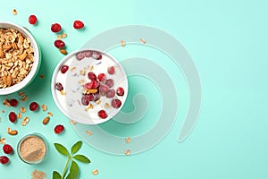 Healthy mix berries fruits, grains and yogurt organic food breakfast cereal clean on pastel aqua green background Generative AI