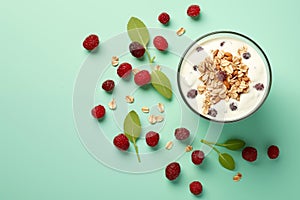 Healthy mix berries fruits, grains and yogurt organic food breakfast cereal on pastel aqua green background Generative AI