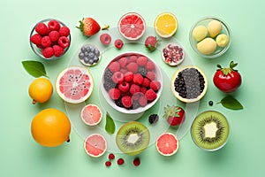 Healthy mix berries fruits organic food clean eating selection on pastel aqua green background. Generative AI