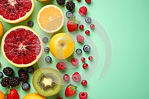 Healthy mix berries fruits organic food clean eating selection on pastel aqua green background. Generative AI