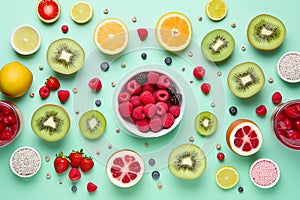 Healthy mix berries fruits organic food clean eating selection on pastel aqua green background. Generative AI