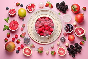 Healthy mix berries fruits organic food clean eating selection on pastel pink background. Generative AI