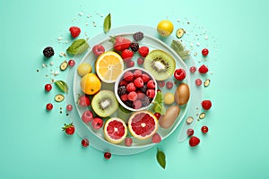 Healthy mix berries fruits organic food selection circular composition on pastel aqua green background. Generative AI