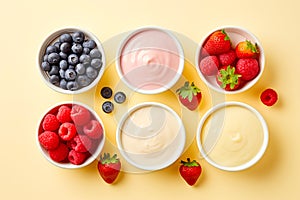 Healthy mix berries fruits, plain yogurt and strawberry yogurt variation organic food breakfast cereal Generative AI