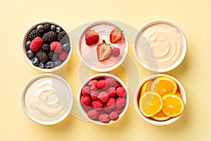 Healthy mix berries fruits, plain yogurt and strawberry yogurt variation organic food breakfast cereal Generative AI