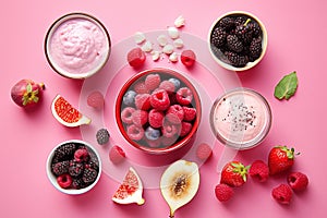 Healthy mix berries fruits and yogurt organic food clean eating selection on pastel pink background. Generative AI