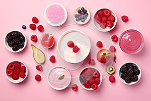 Healthy mix berries fruits and yogurt organic food clean eating selection on pastel pink background. Generative AI