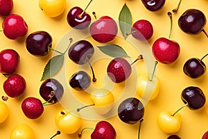 Healthy mix Cherries berries fruit clean eating selection on yellow background. Multicolor Cherry colorful fruits Generative AI