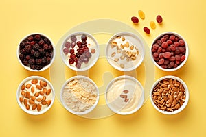 Healthy mix dried berries fruits, grains, nuts and yogurt variation organic food breakfast cereal Generative AI