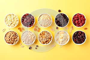 Healthy mix dried berries fruits, grains, nuts and yogurt variation organic food breakfast cereal Generative AI