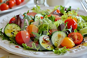 Healthy mixed salad on white plate and table