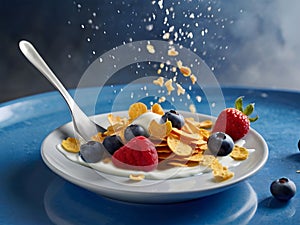 Healthy Morning Breakfast Cornflakes with fresh berries, raspberry, blueberries, strawberries and yogurt in a bowl. Falling corn