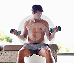 Healthy morning routine. A muscular young man lifting dumbbells while sitting on an exercise ball.