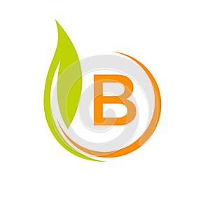 Healthy Natural Product Label Logo On Letter B Template. Letter B Eco Friendly, Green Tree Leaf Ecology Vector Concept