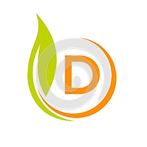 Healthy Natural Product Label Logo On Letter D Template. Letter D Eco Friendly, Green Tree Leaf Ecology Vector Concept